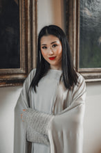 Load image into Gallery viewer, LUXURY HEAVY CRYSTAL CUFF OPEN CAPE ABAYA | MINT SILVER |