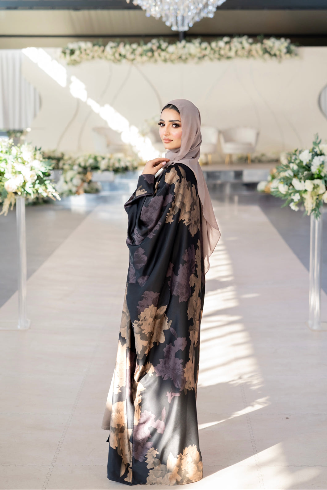 FLORAL PRINTED 4 PIECE ABAYA | TAUPE/BLACK |