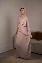 Load image into Gallery viewer, WRAP AROUND EMBELLISHED FRINGE ABAYA | CHAMPAGNE GOLD |
