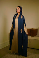 Load image into Gallery viewer, | LUXE | NAVY AND GOLD FLOWING CRYSTAL MOTIF CAPE
