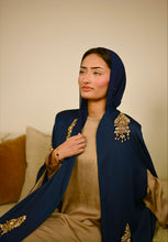 Load image into Gallery viewer, | LUXE | NAVY AND GOLD FLOWING CRYSTAL MOTIF CAPE
