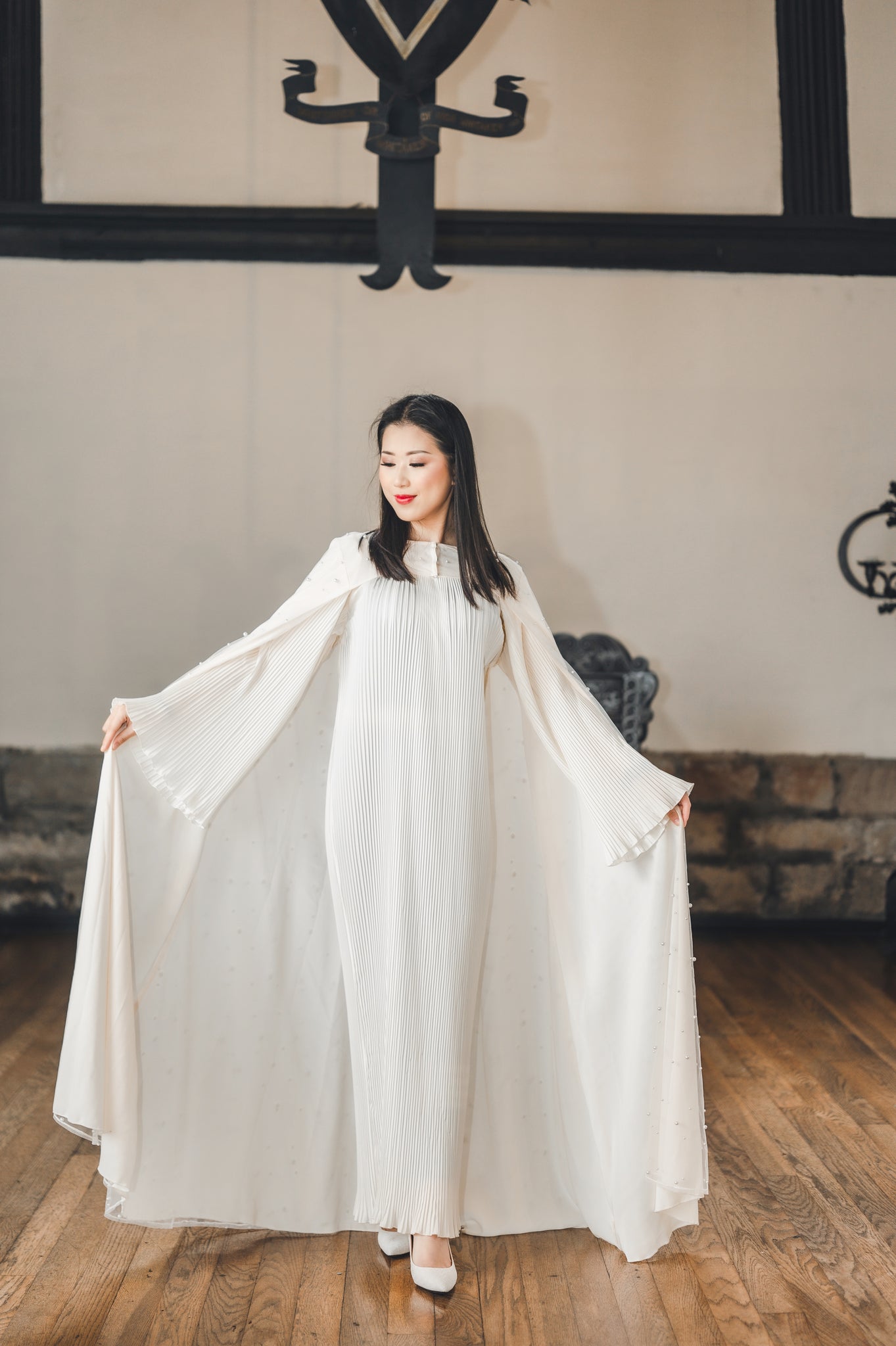 BRIDAL | PEARL CREAM CAPE WITH MATCHING PLISSE BELL SLEEVE DRESS House of Aaisha BRIDAL | PEARL CREAM CAPE WITH MATCHING PLISSE BELL SLEEVE DRESS House of Aaisha